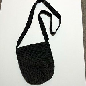 Vintage Crocheted Black Crossbody Bucket Bag  Zip Close 8" x 7" Small